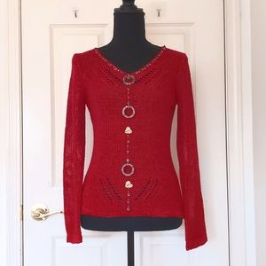 NWOT. BCBG Maxazria Acrylic and Nylon V-Neck Long Sleeve Crochet Sweater w/Decor